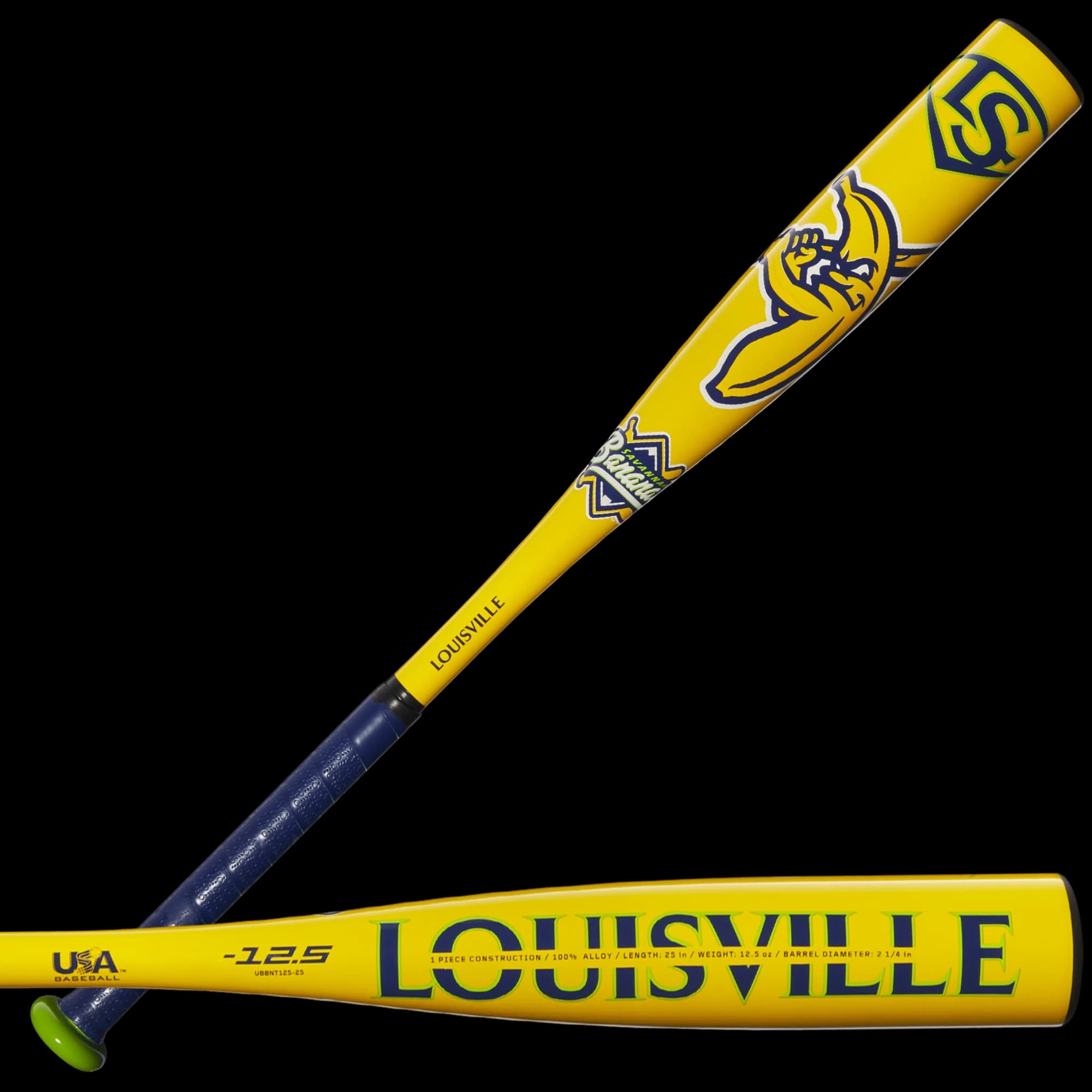 Louisville Slugger 2025 Savannah Bananas (-12.5) Tee Ball Bat, tee ball and coach pitch bats: photo from Louisville Slugger