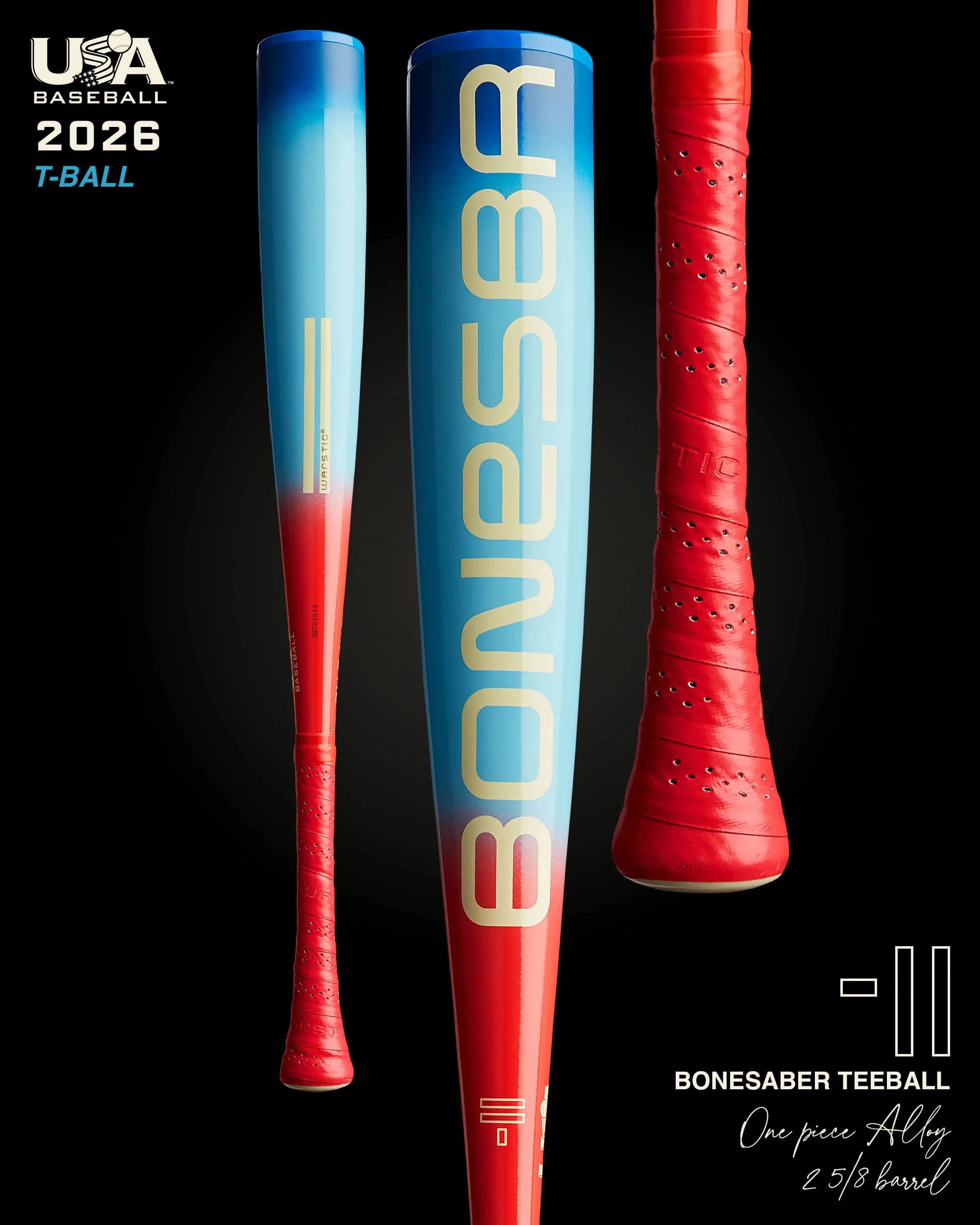 Warstic 2026 Bonesaber USA "Hero" Metal Teeball Bat -11, tee ball and coach pitch bats: photo from Warstic