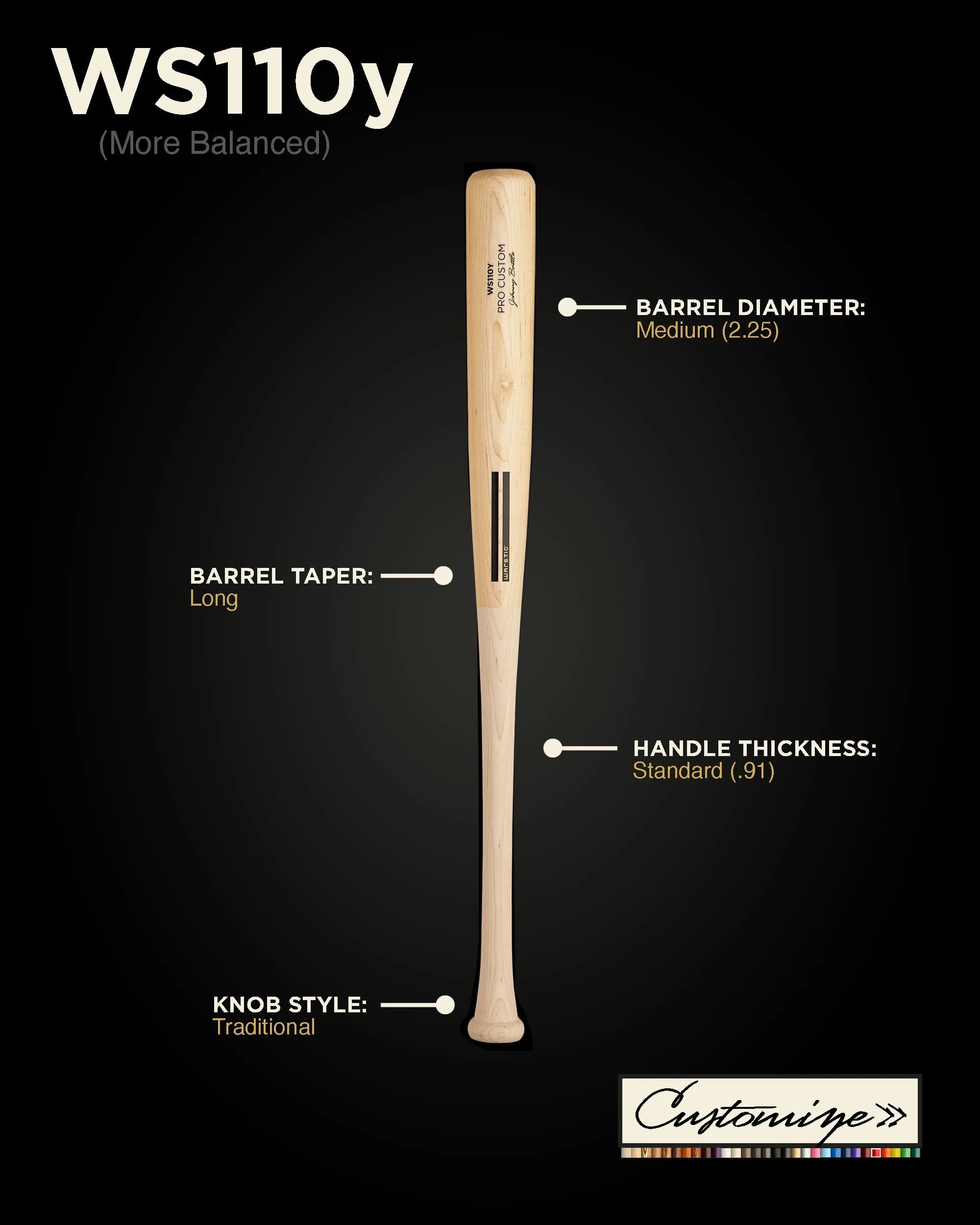 Warstic WS110Y Custom Youth Wood Bat, game wood bats, youth: photo from Warstic