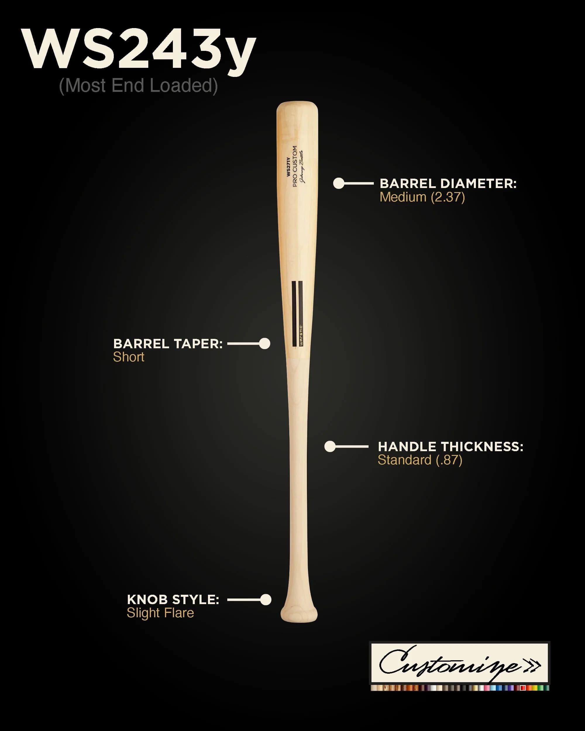 Warstic WS243Y Custom Youth Wood Bat, game wood bats, youth: photo from Warstic
