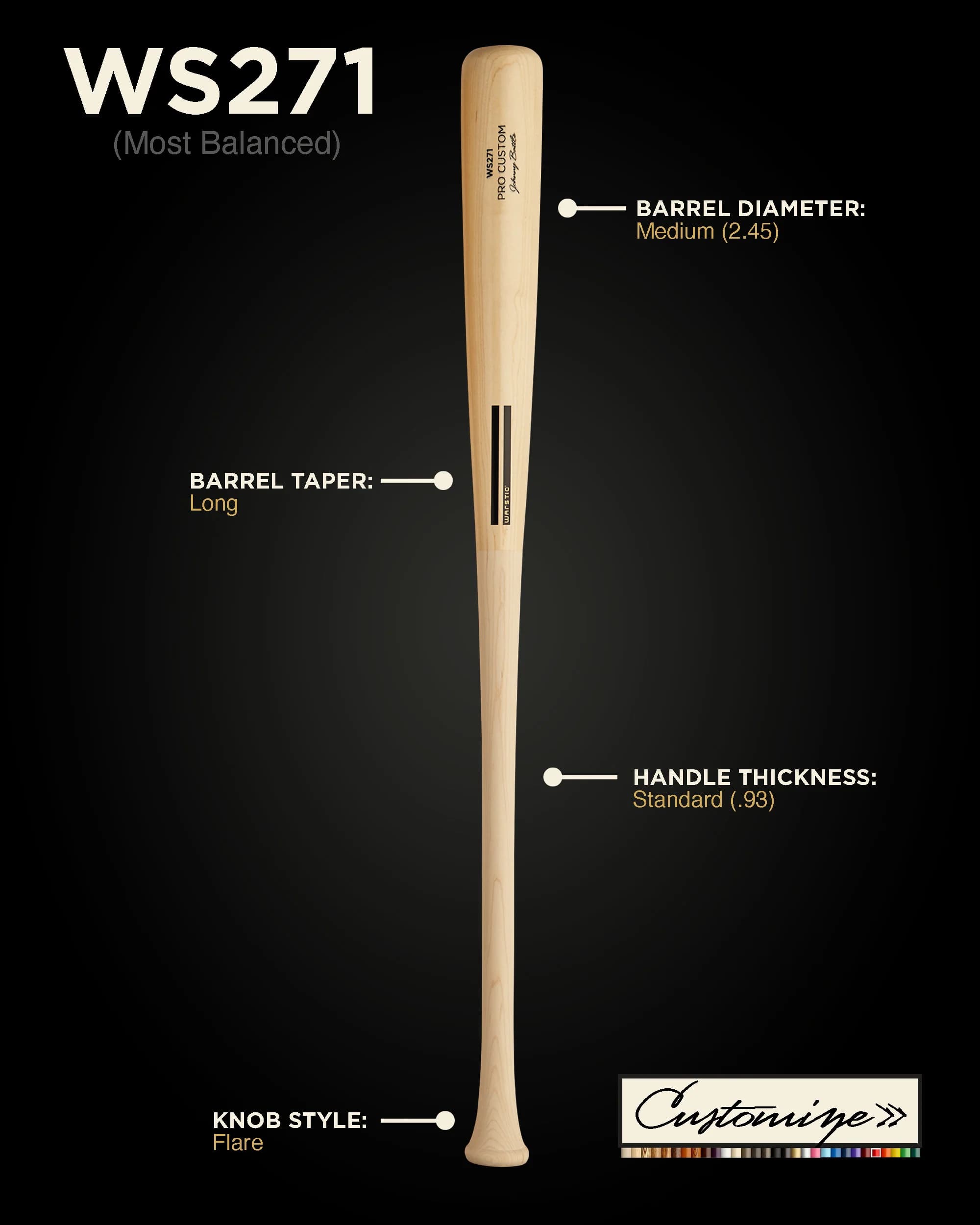 Warstic WS271 Custom Wood Bat, game wood bats, adult: photo from Warstic