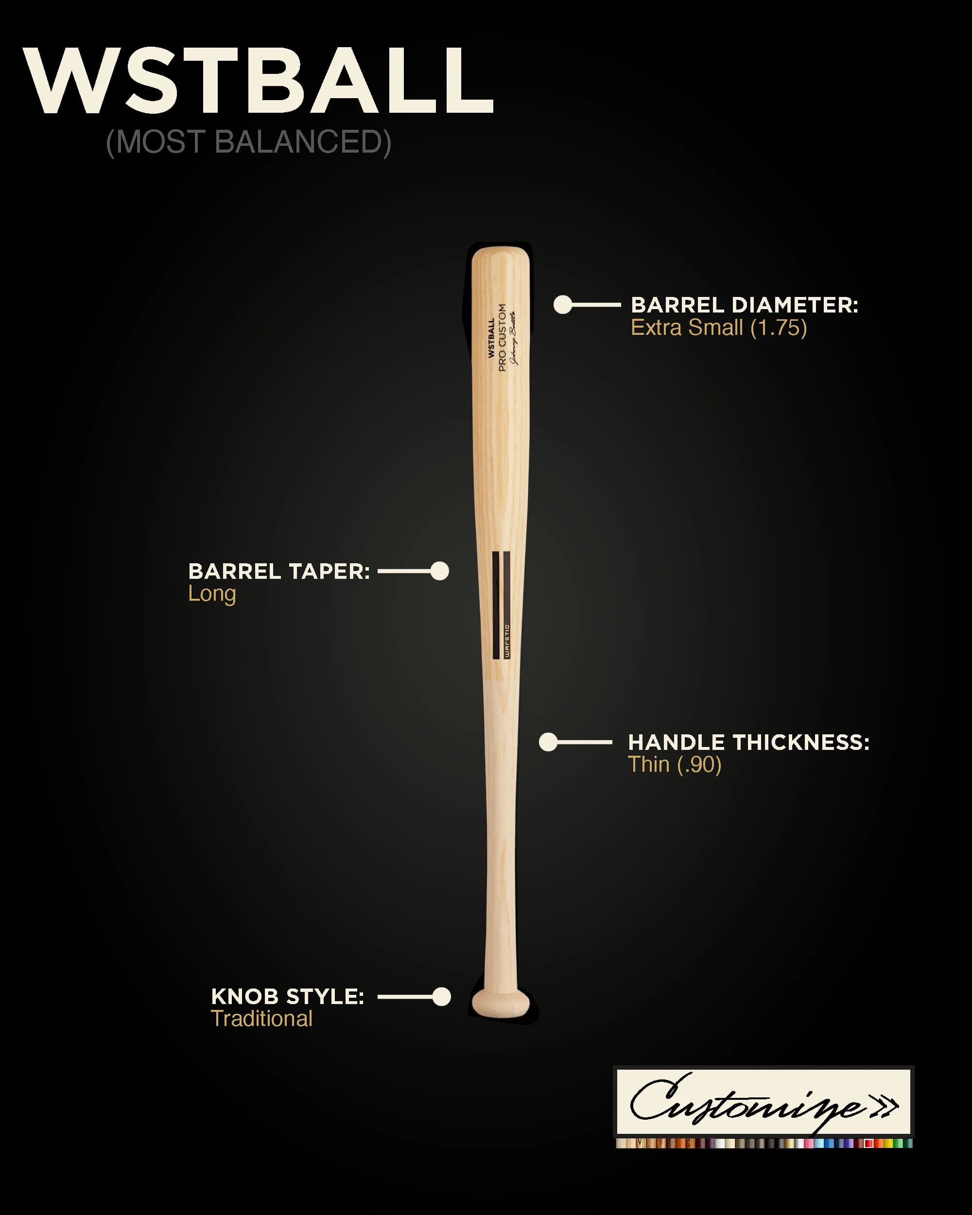 Warstic WSTBALL Custom Wood TBALL Bat, game wood bats, youth: photo from Warstic