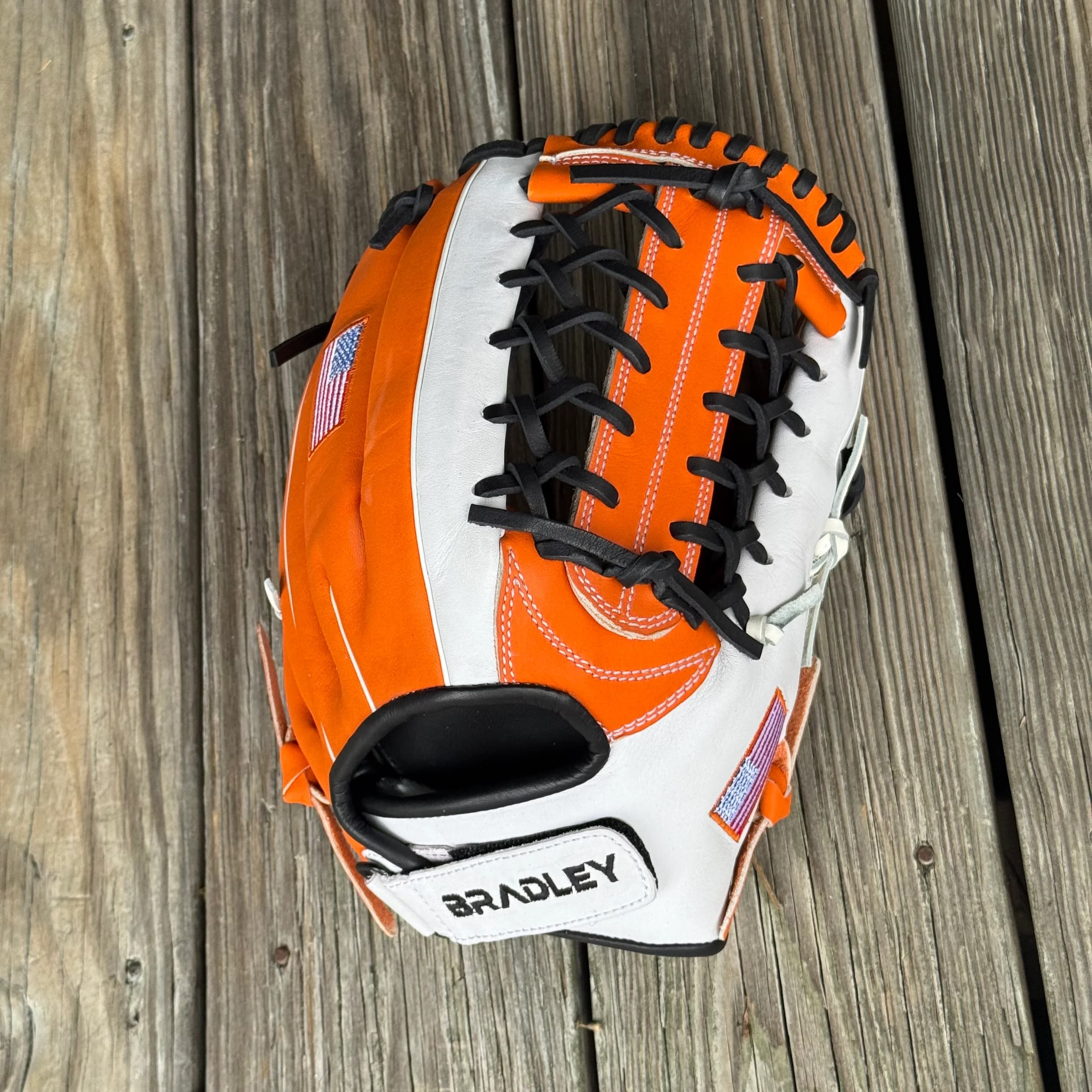 Bradley Gloves 12.5" Mod Trap, White/Orange/Black, Custom Native Kip Outtake, youth gloves: photo from Bradley Gloves