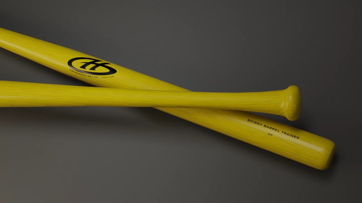 Homewood Bat Co. Rhino Baseball Yellow Skinny Barrel Trainer, skinny-barrel bats: photo from Homewood Bat Co.