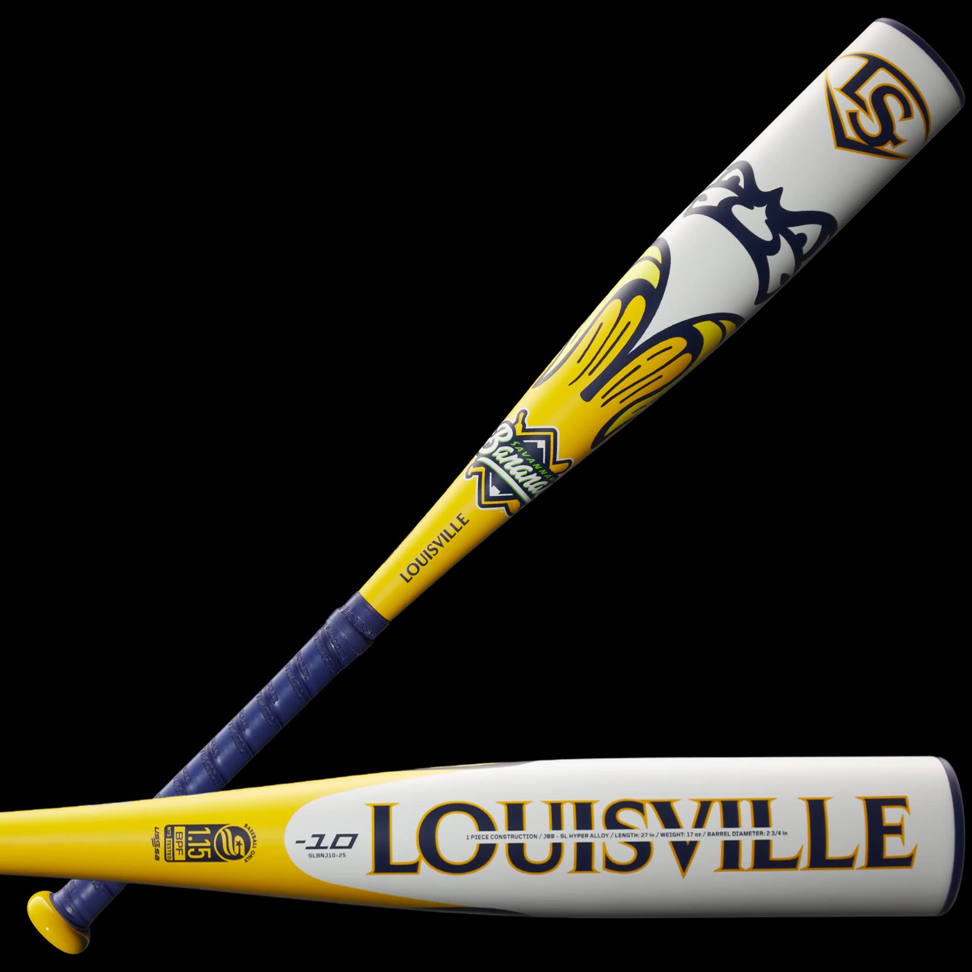 Louisville Slugger 2025 Savannah Bananas JBB 2 ¾” (-10) SL USSSA Baseball Bat, USSSA bats: photo from Louisville Slugger