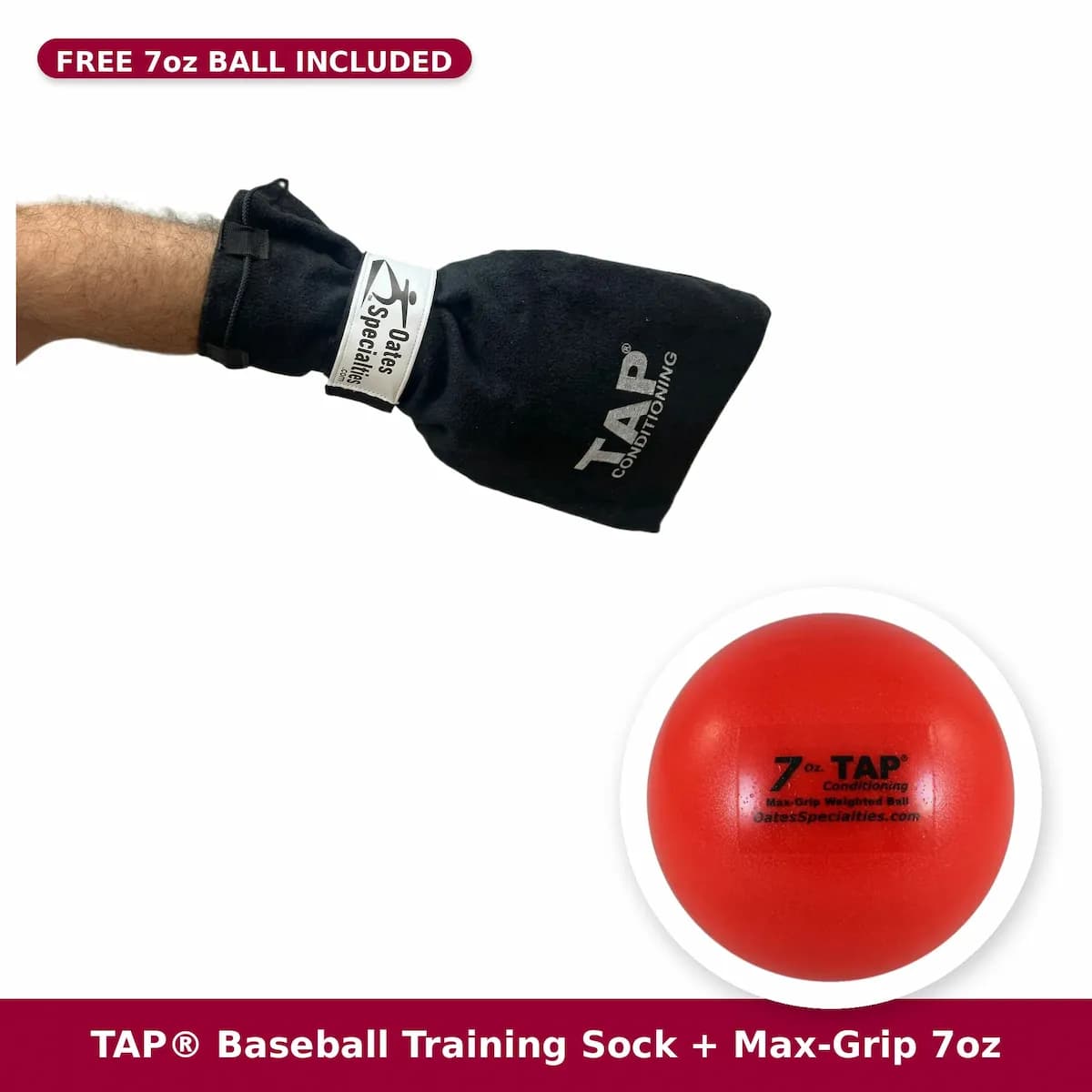 Oates Specialties TAP® Baseball Training Sock + Free TAP® Max-Grip Weighted Ball (7oz) – Fall At-Home Throwing Kit, pitching mechanics aids: photo from Oates Specialties