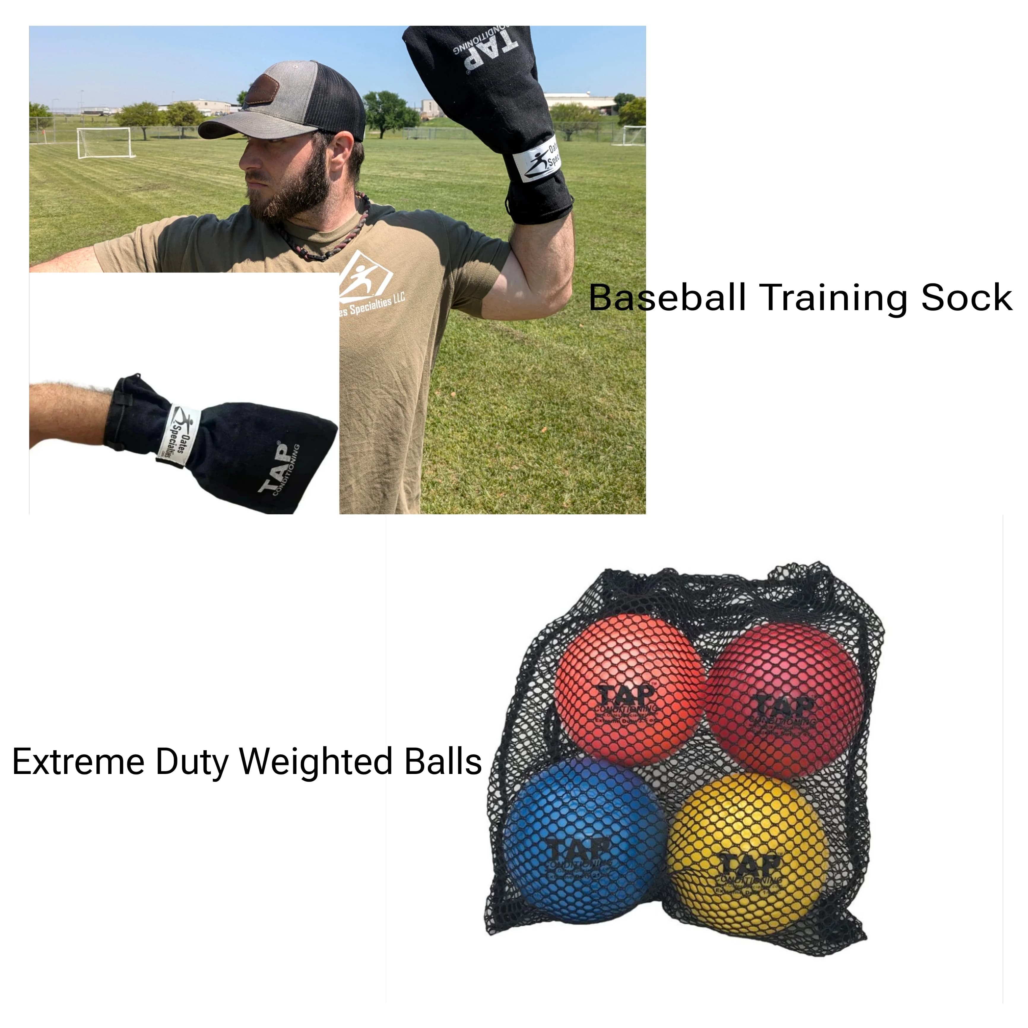 Oates Specialties Throw-On-The-Go Package featuring TAP® Baseball Training Sock™ and Weighted Balls, weighted baseballs: photo from Oates Specialties