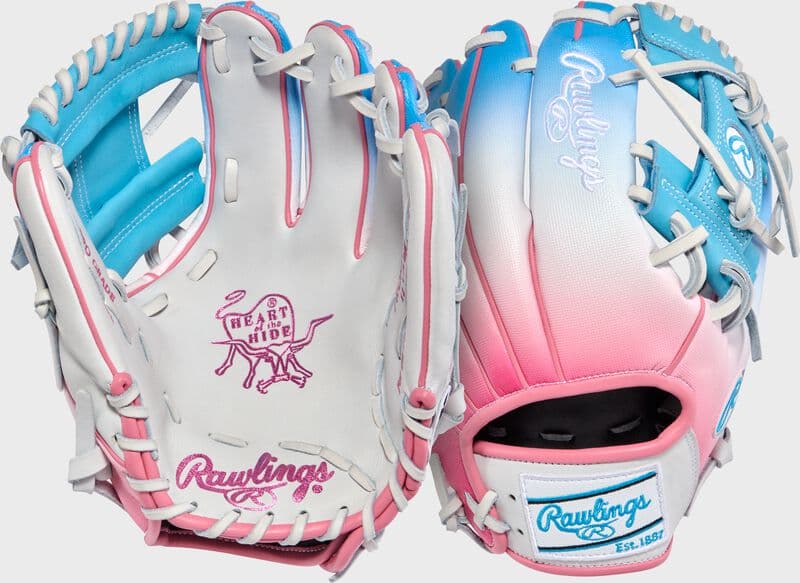 Rawlings Exclusive Heart of the Hide 11.5-Inch Pink/Columbia Blue infield Glove, Right Hand Throw, infield gloves: photo from Rawlings
