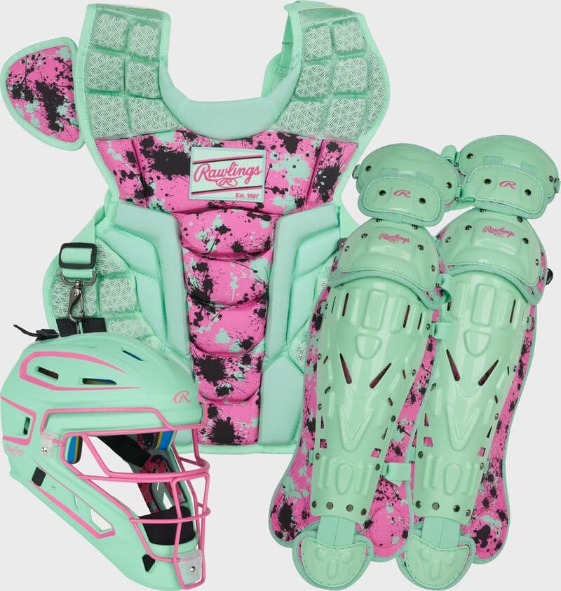 Rawlings Limited Edition Mach Mint/Pink Spatter Catcher's Gear Set, Adult, Intermediate, Youth, catcher's gear: photo from Rawlings