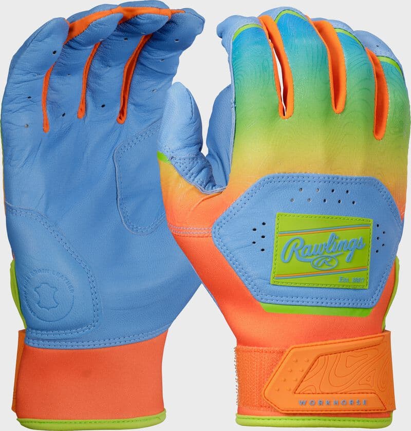 Rawlings Workhorse Columbia Blue/Orange Youth Fun Burst Batting Gloves, batting gloves: photo from Rawlings