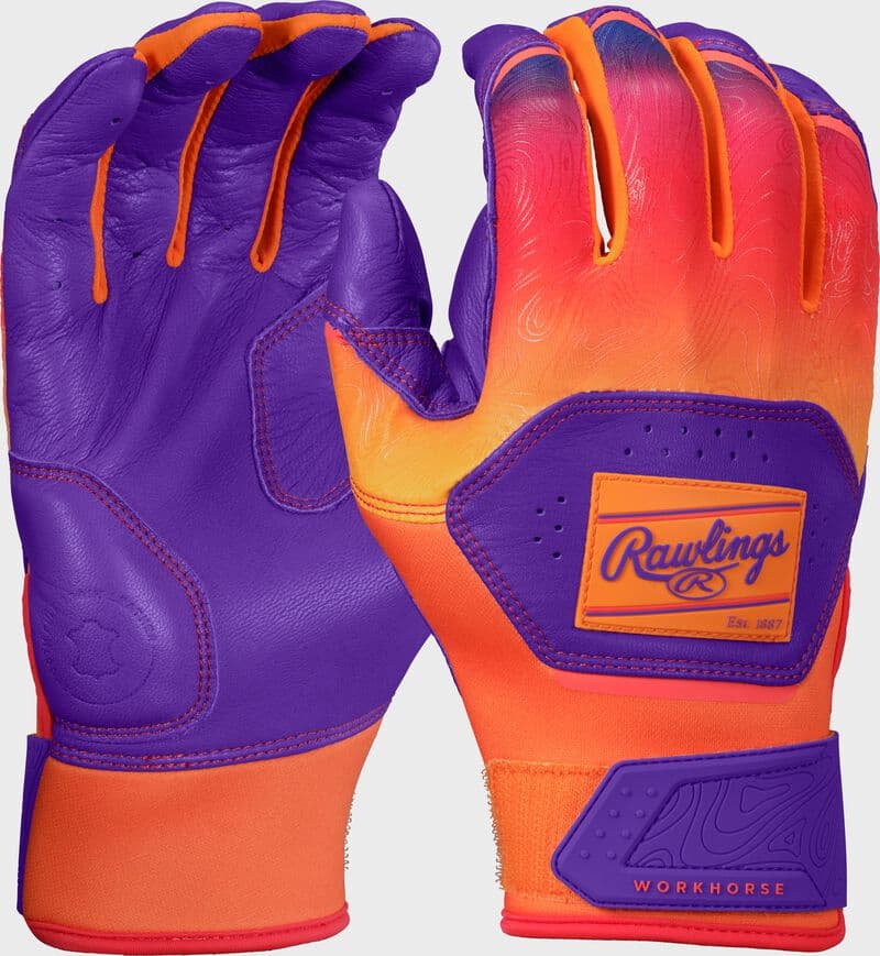 Rawlings Workhorse Purple/Orange Adult Fun Burst Batting Gloves, batting gloves: photo from Rawlings