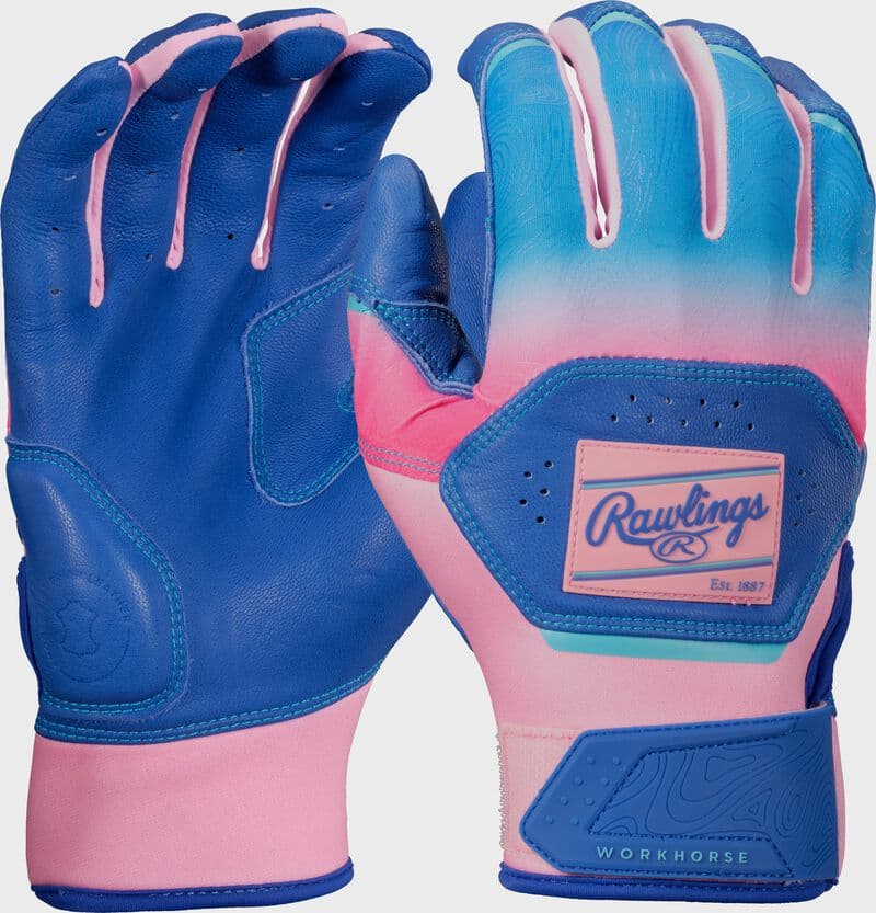 Rawlings Workhorse Royal/Pink Adult Fun Burst Batting Gloves, batting gloves: photo from Rawlings