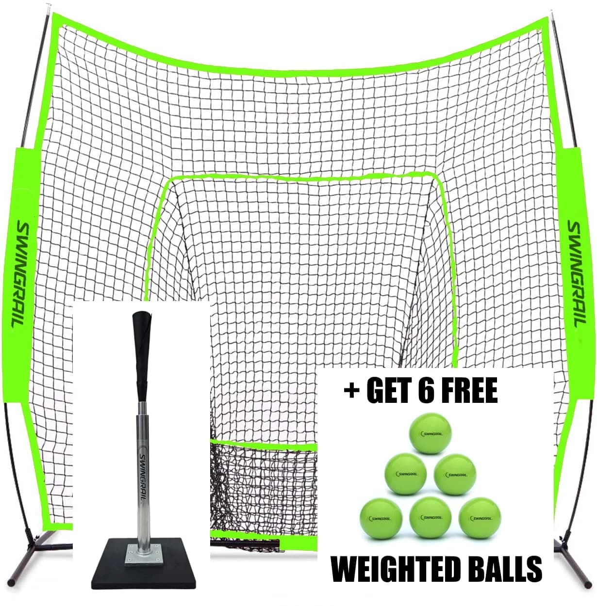 SwingRail Hitting Net + Platinum Tee + 6 Free Weighted Training Balls, portable hitting nets: photo from SwingRail