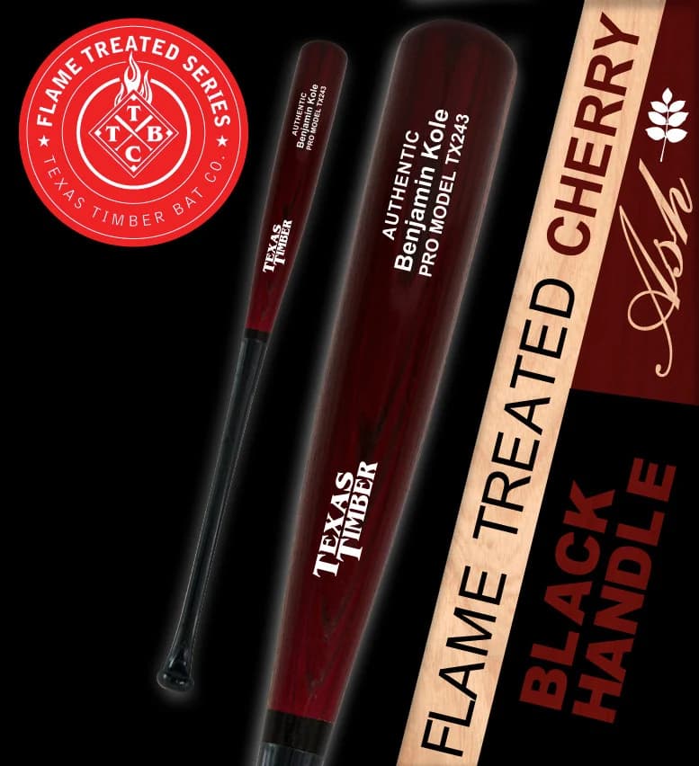 Texas Timber Pro Model Ash - Flame Treated Cherry | Black Handle Series, game wood bats, adult: photo from Texas Timber