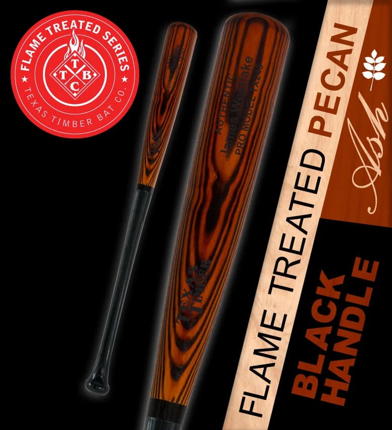 Texas Timber Pro Model Ash - Flame Treated Pecan | Black Handle Series, game wood bats, adult: photo from Texas Timber