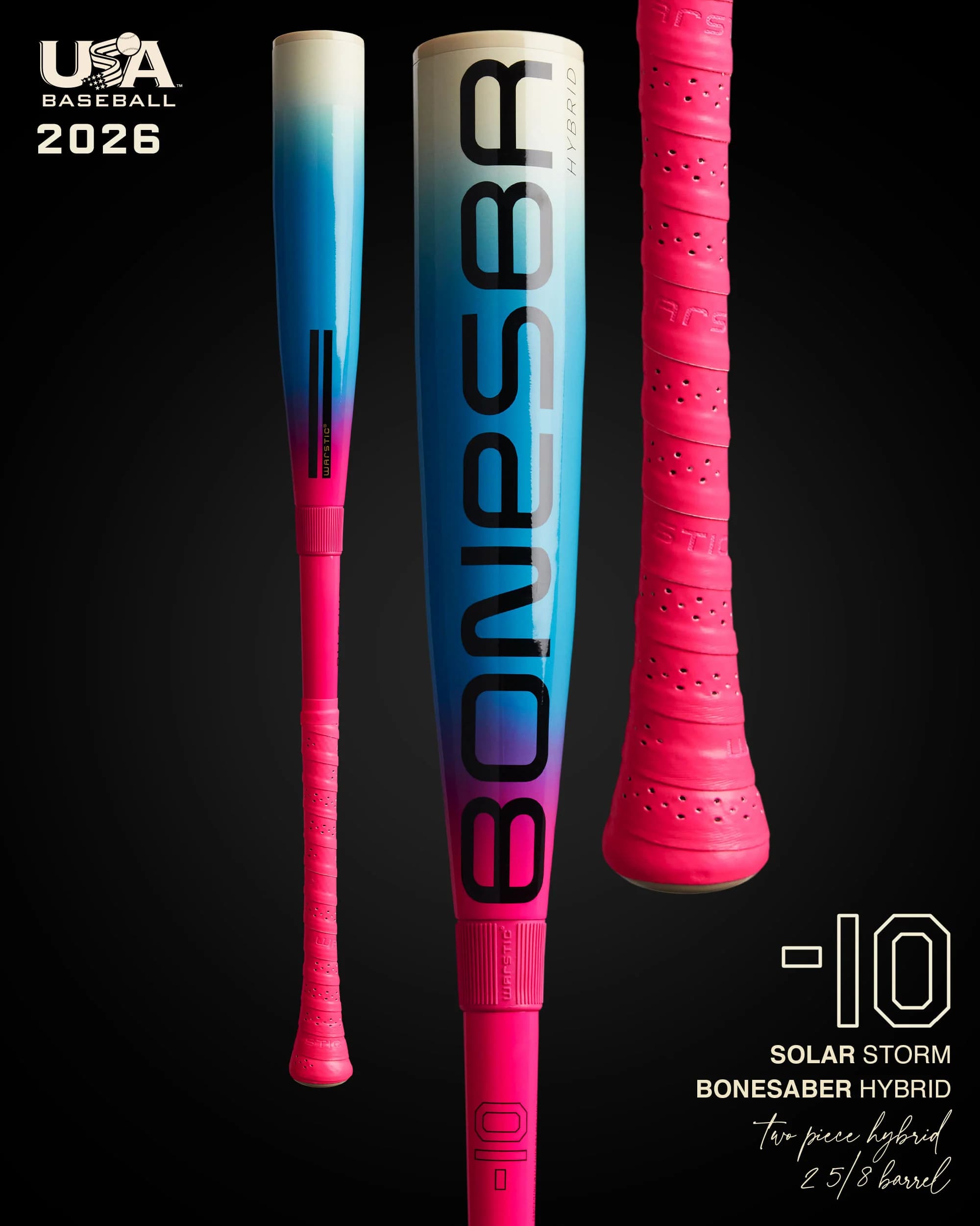 Warstic 2026 Bonesaber Hybrid "Solar Storm" USA Metal Baseball Bat -10, USA Baseball bats: photo from Warstic