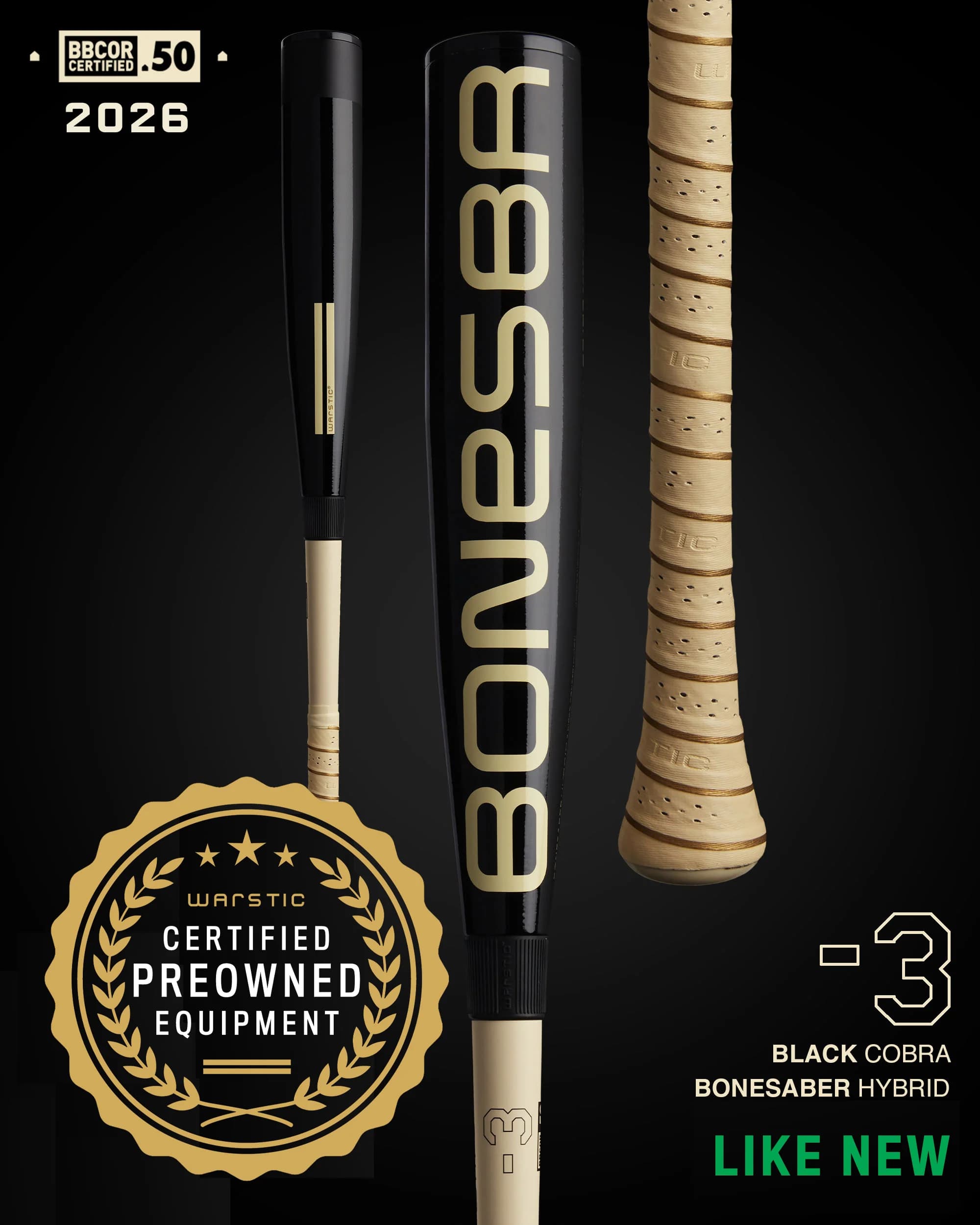 Warstic Preowned Bonesaber™ Hybrid BBCOR Metal Baseball Bat - "Black Cobra", BBCOR bats: photo from Warstic
