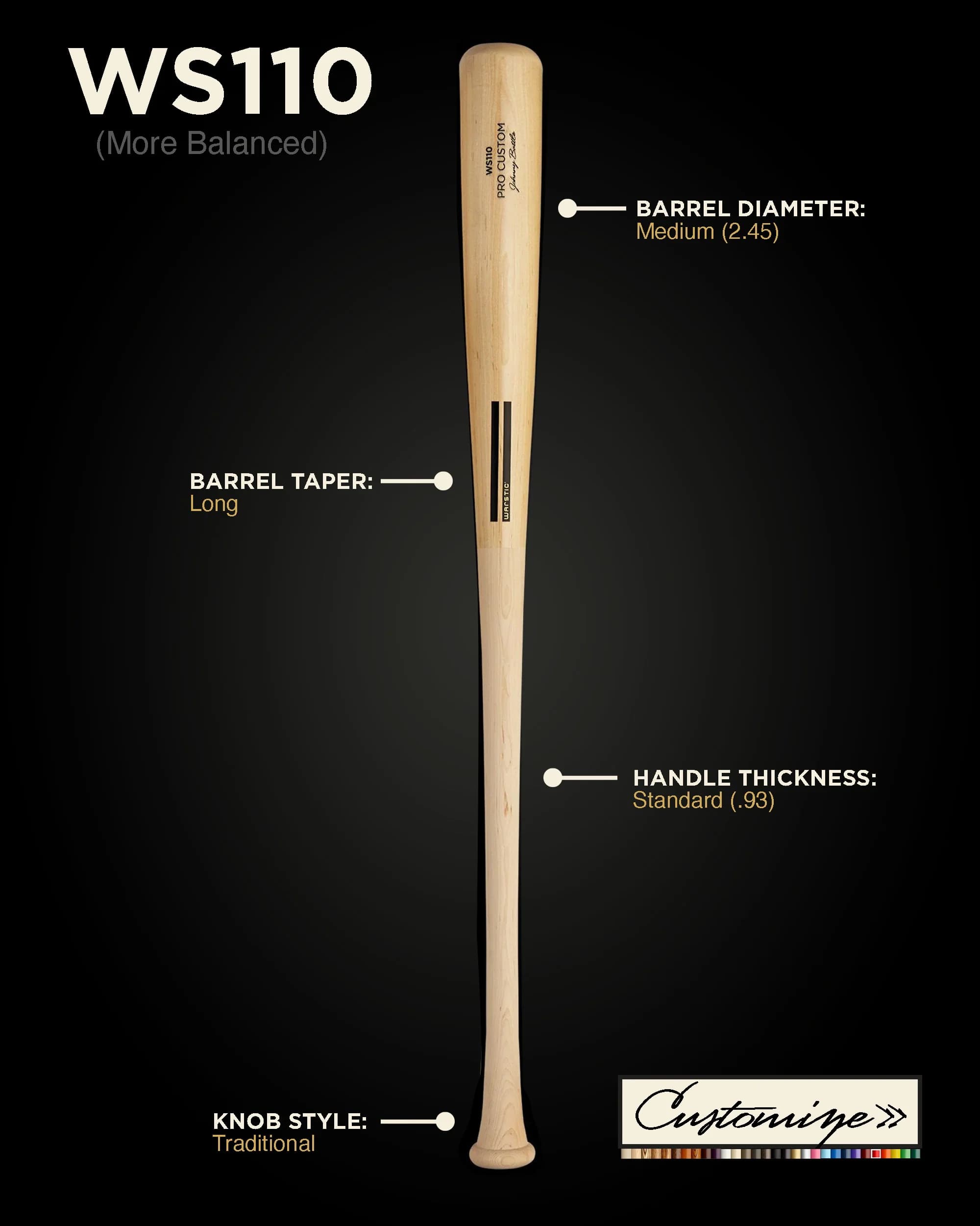 Warstic WS110 Custom Wood Bat, game wood bats, adult: photo from Warstic