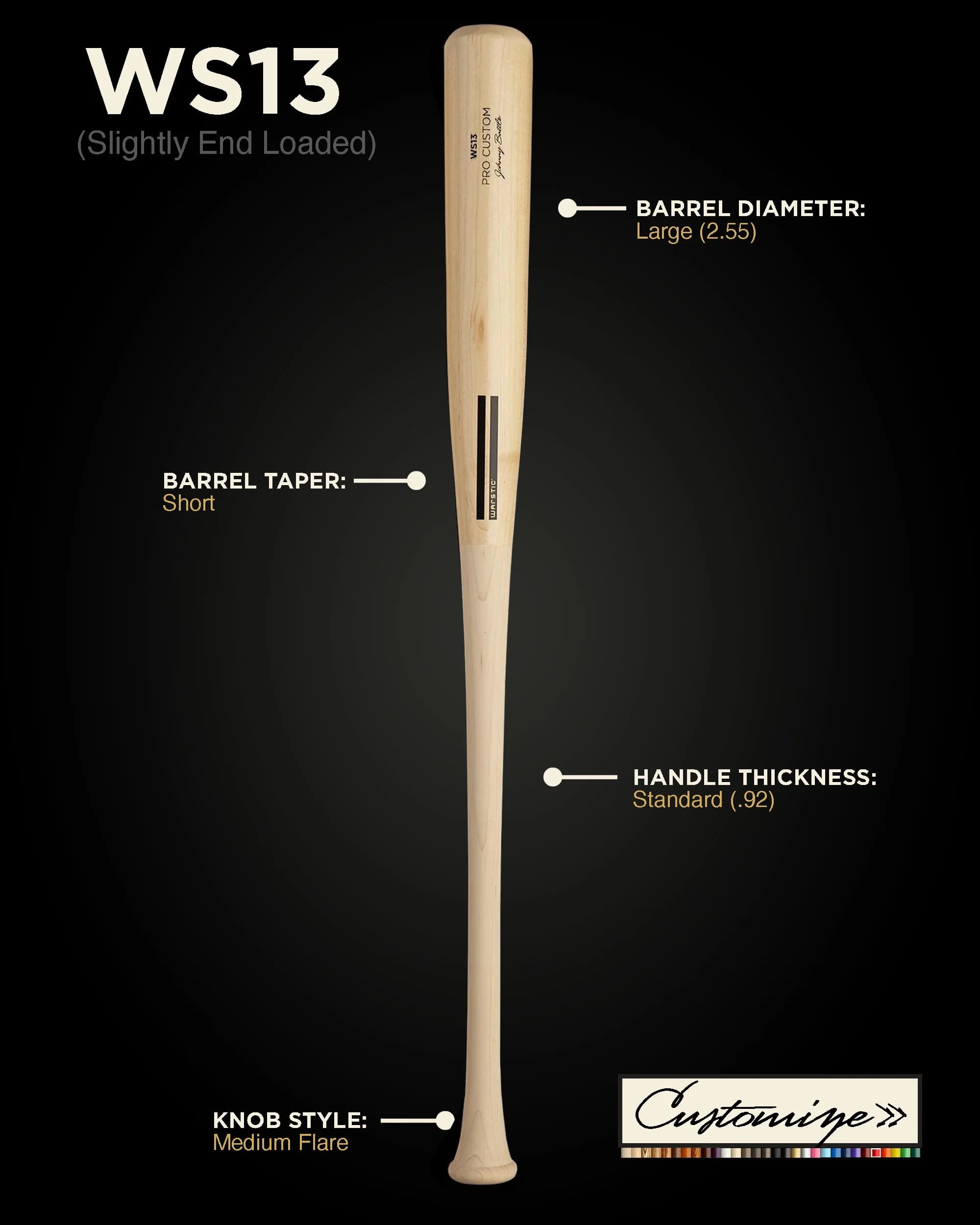 Warstic WS13 Custom Wood Bat, game wood bats, adult: photo from Warstic