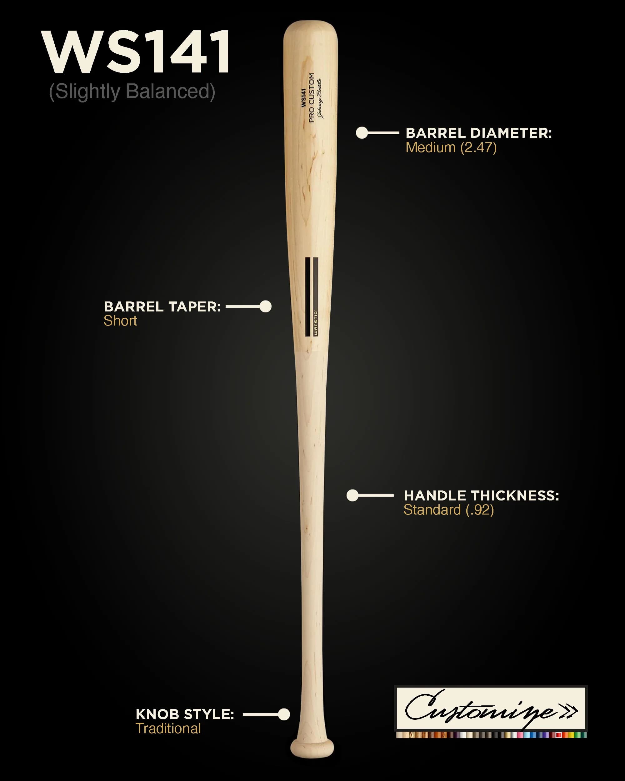 Warstic WS141 Custom Wood Bat, game wood bats, adult: photo from Warstic