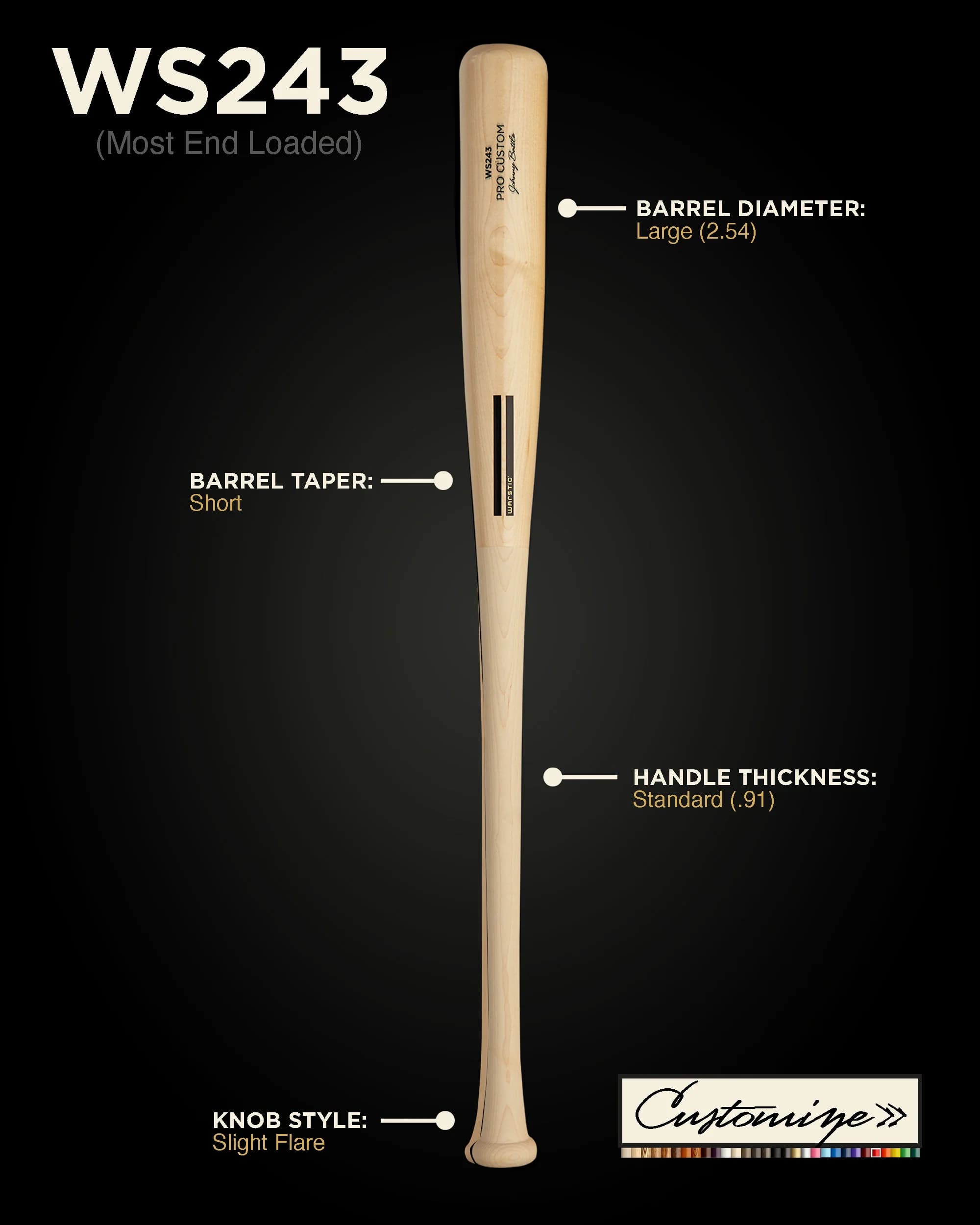 Warstic WS243 Custom Wood Bat, game wood bats, adult: photo from Warstic