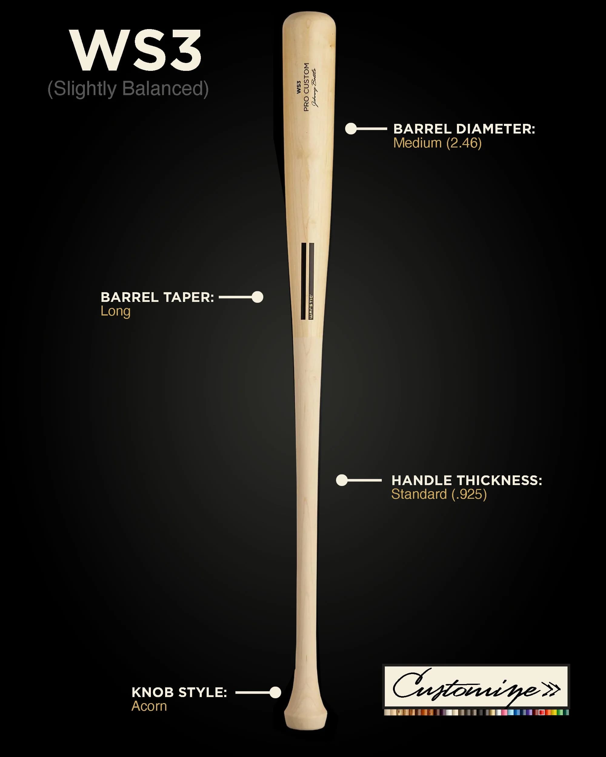 Warstic WS3 Custom Wood Bat, game wood bats, adult: photo from Warstic