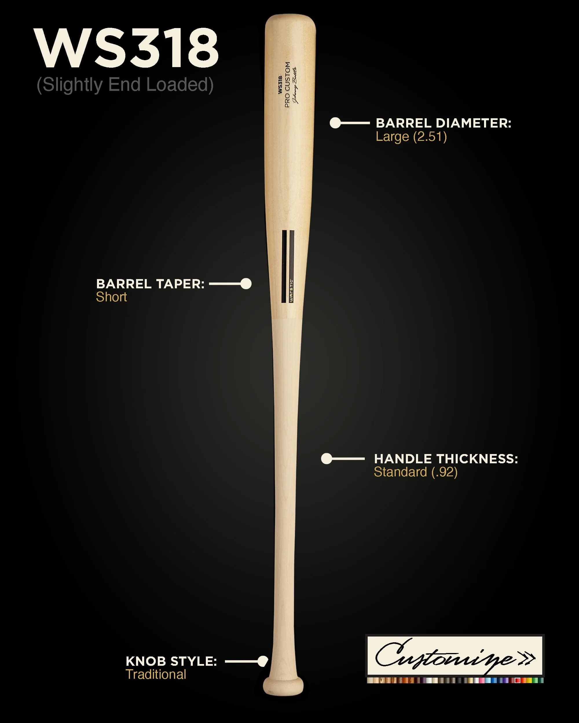 Warstic WS318 Custom Wood Bat, game wood bats, adult: photo from Warstic