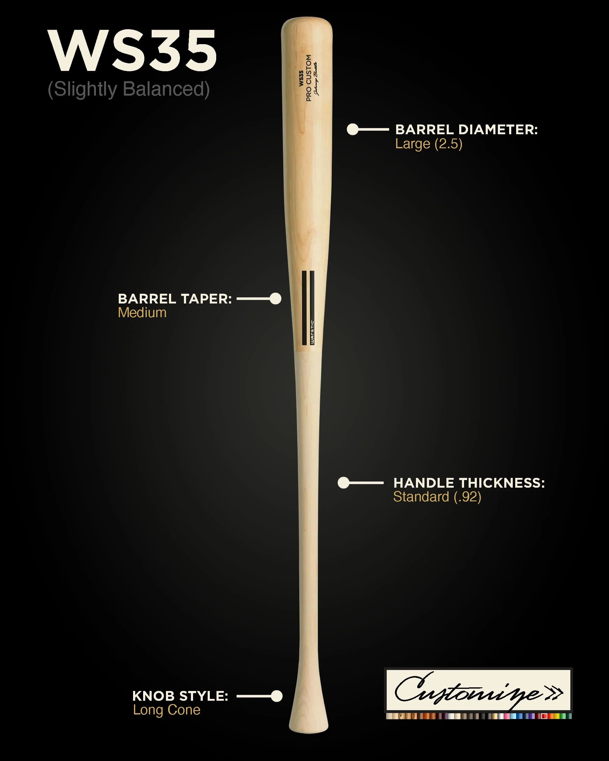 Warstic WS35 Custom Wood Bat, game wood bats, adult: photo from Warstic
