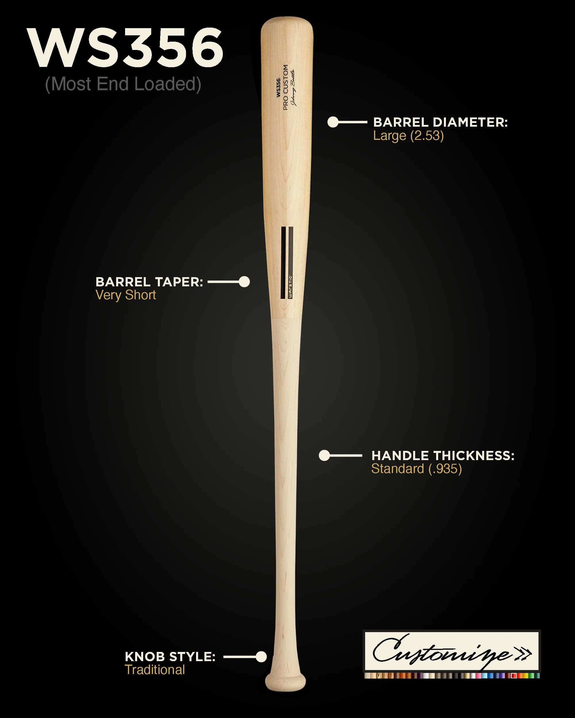 Warstic WS356 Custom Wood Bat, game wood bats, adult: photo from Warstic