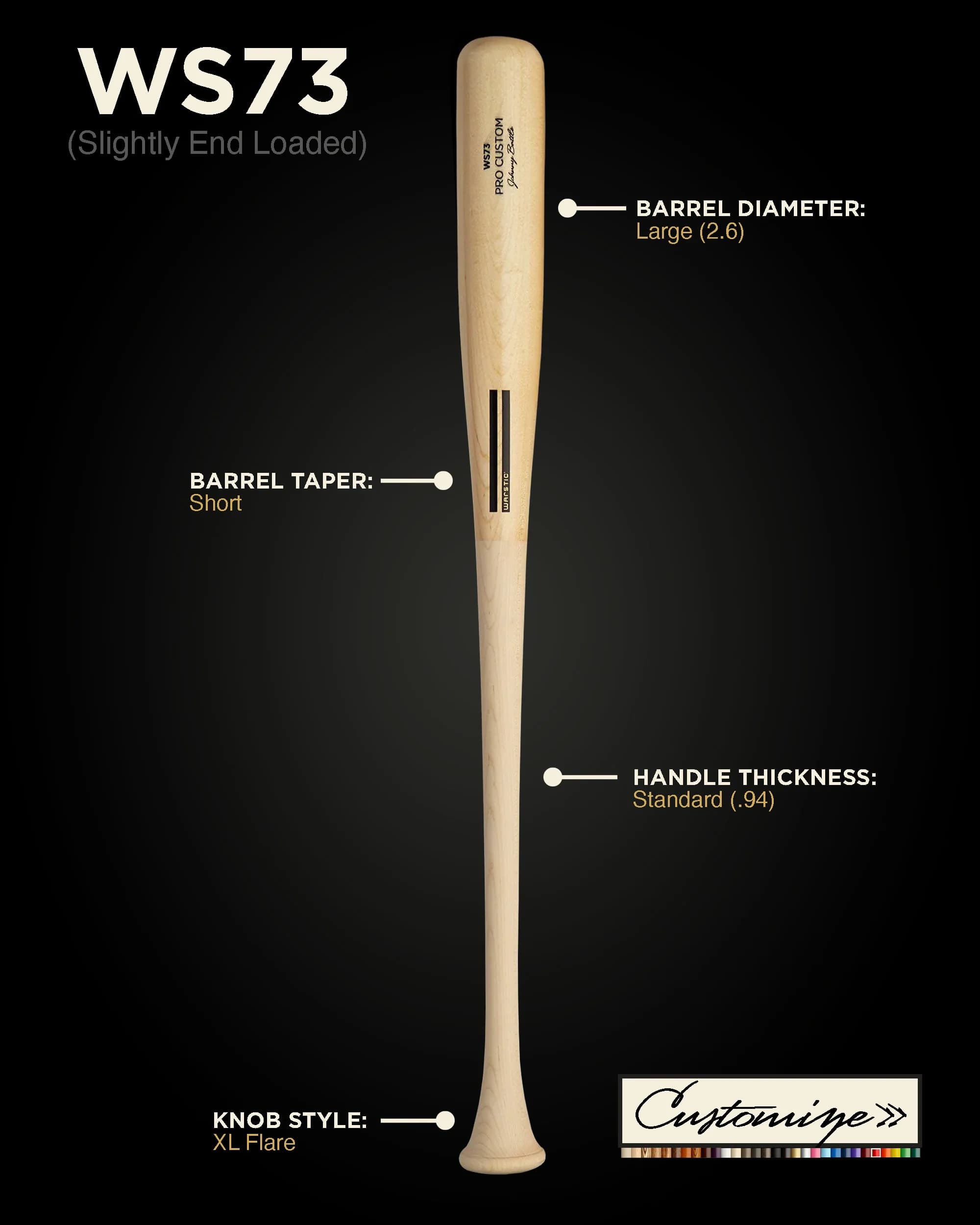 Warstic WS73 Custom Wood Bat, game wood bats, adult: photo from Warstic