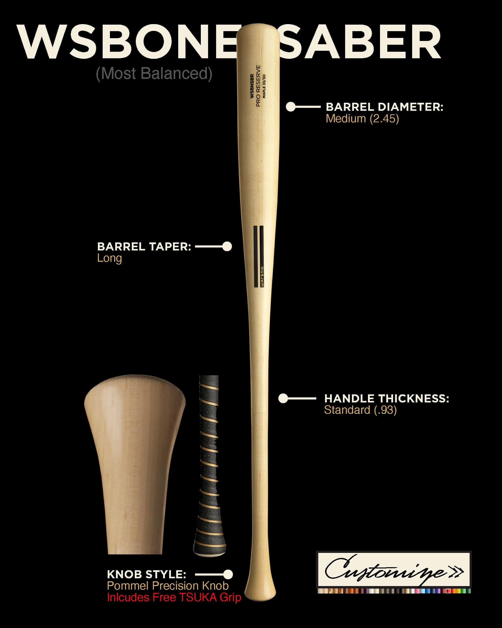 Warstic WSBONESABER Custom Wood Bat, game wood bats, adult: photo from Warstic