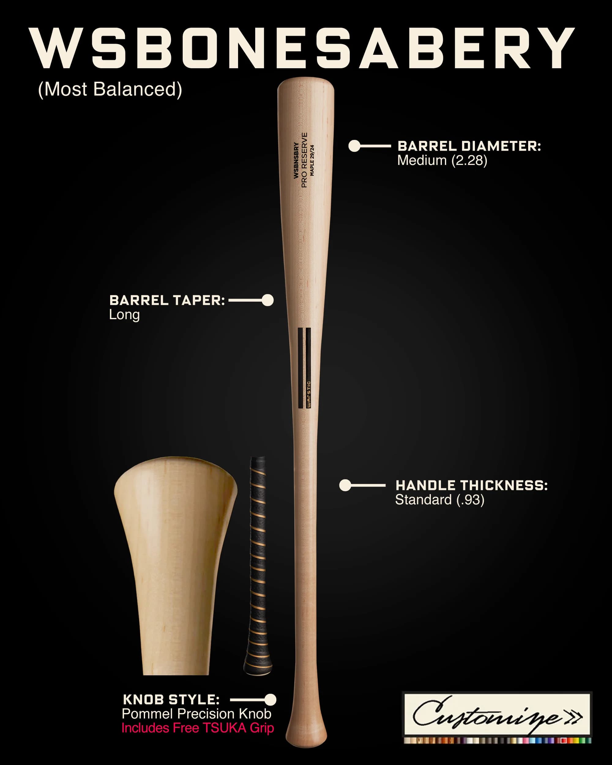 Warstic WSBONESABERY Custom Wood Bat, game wood bats, youth: photo from Warstic